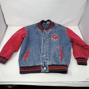 Vintage Disney Store Kids Medium Mickey Mouse MVP Jean Bomber Jacket 1928